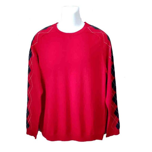 Merona Crew Neck Sweater Merino Wool Red Gray White Argyle Sleeves Men's Size L - Picture 1 of 3